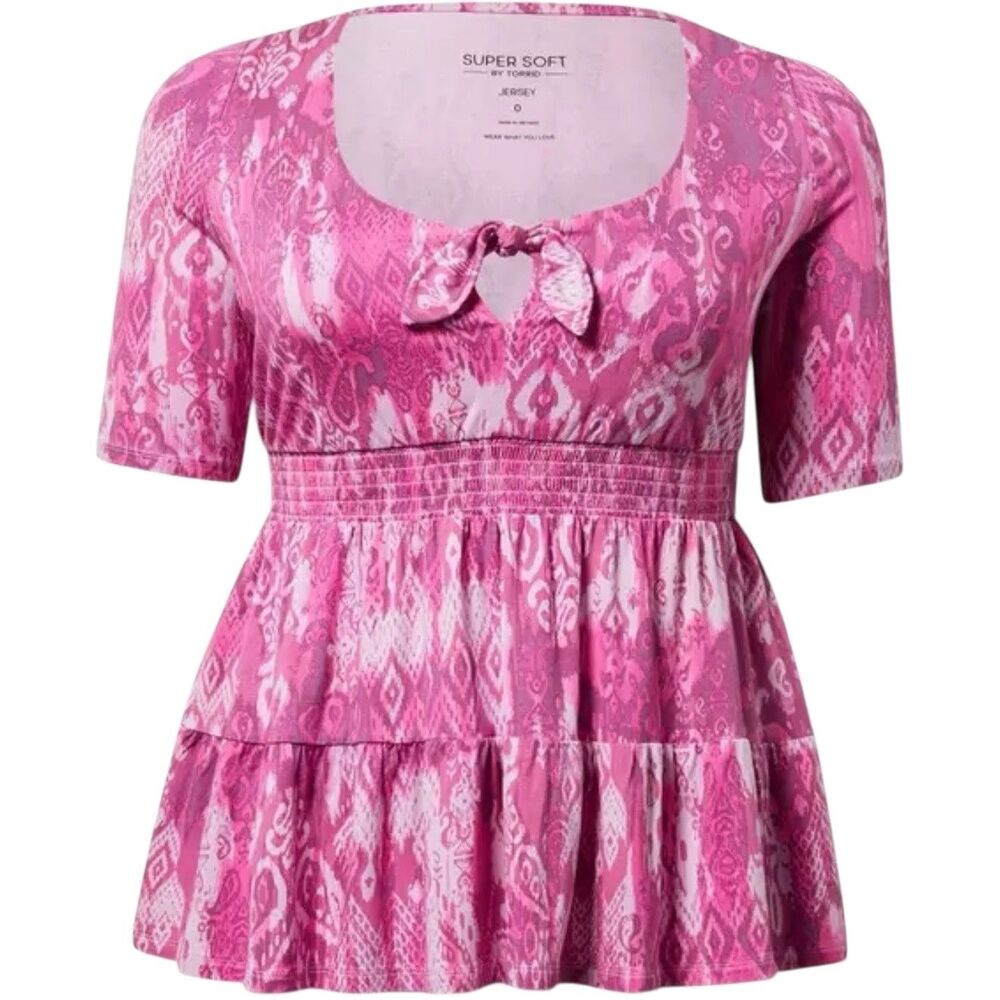 Torrid Super Soft Tie Front Babydoll Top Smocked Blouse Shirt Pink 1 US 1X - Picture 2 of 12